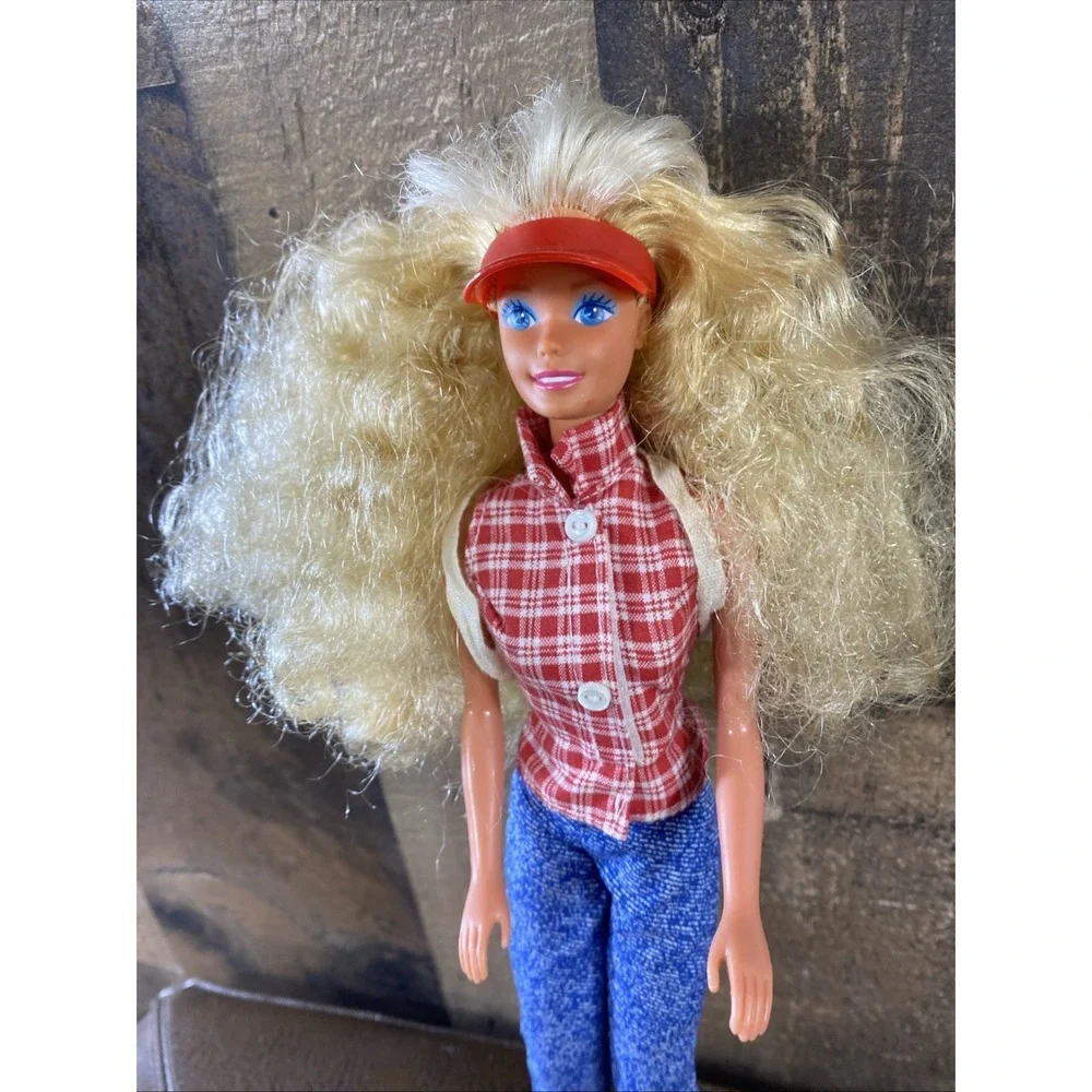 Vintage 1966 Malaysia‎ Barbie Blonde 1995 Lee Jeans Red Gingham Backpack Visor